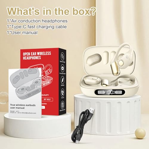 Open Ear Earbuds, Bluetooth 5.3 Wireless Air Conduction Headphones with Mic, LED Display Charging Case&Fast Charging, Ultra-Light Weight, 80H Playtime Earbuds for Work, Sports (White) - color: White