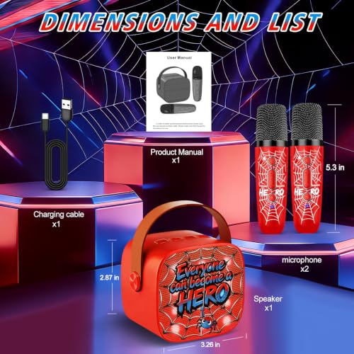 Spider Mini Karaoke Machine for Kids,Birthday Gifts with Lights Fun Voice | Portable Bluetooth Speaker with 2 Wireless Mics for Ages 3,4,5,6,7,8,9,10,11+ Years Old Girls Boys Singing Toys Play & Party