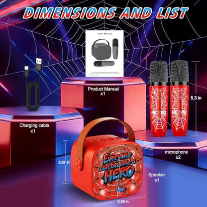 Spider Mini Karaoke Machine for Kids,Birthday Gifts with Lights Fun Voice | Portable Bluetooth Speaker with 2 Wireless Mics for Ages 3,4,5,6,7,8,9,10,11+ Years Old Girls Boys Singing Toys Play & Party