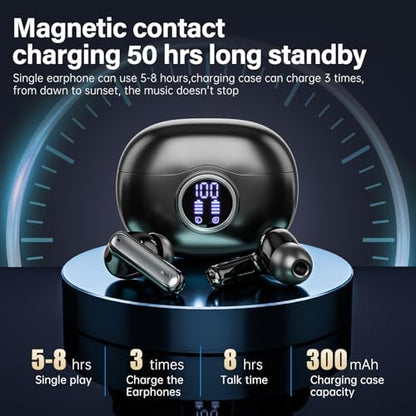 Wireless Earbuds, Bluetooth 5.3 Headphones HiFi Stereo 50H Playback LED Digital Display Ear Buds with ENC Noise Canceling Headset, IPX7 Waterproof Earphones for Gym/Running/Work（Black） - color: Black