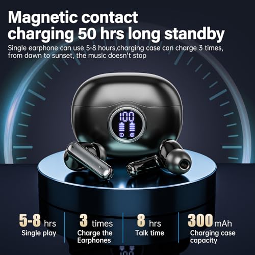Wireless Earbuds, Bluetooth 5.3 Headphones HiFi Stereo 50H Playback LED Digital Display Ear Buds with ENC Noise Canceling Headset, IPX7 Waterproof Earphones for Gym/Running/Work（Black） - color: Black