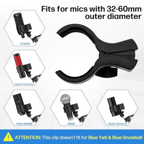 Large Microphone Clips for Mics with Outer Diameter 1.26" to 2.3" | Adjustable Mic Holder, Premium ABS, Inside sponge to protect microphones, With 5/8" Male to 3/8" Female Screw Adapter - color: black, size: 2 Pack
