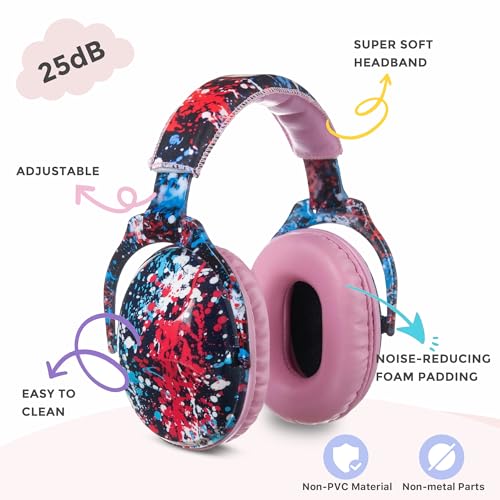 Kids Ear Protection Safety Ear Muffs, NRR 25dB Noise Reduction Children Earmuffs, Hearing Protectors for Sleeping, Studying, Airplane, Concerts, Fireworks-Red Pigment with Pink Band - color: Pink Bandred Pigment