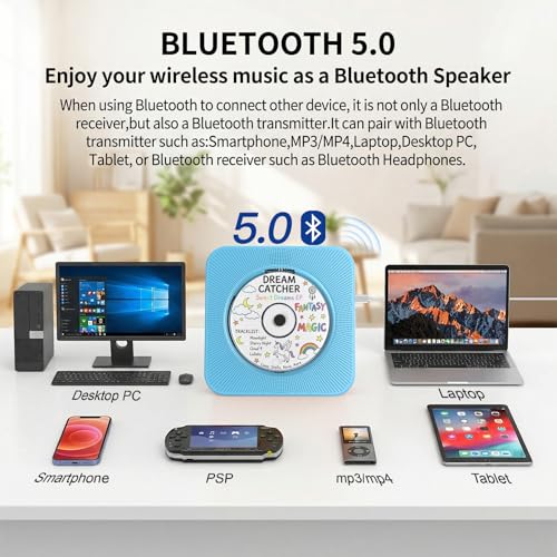 Gueray Portable CD Player with Bluetooth, CD Player with Speaker for Home | Plug-in desktop use,2-way Bluetooth mode, 3W speakers, FM radio, sleep timer, A-B repeat,USB/AUX - color: Blue