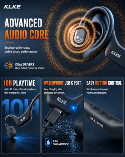 Bone Conduction Headphones for Running with mic and Rear Safety Light | Dual Sound Modes, Adjustable Fit, 10H Playtime, USB-C Charging, Clear Calls, Lightweight Comfort for Gym, Cycling and Hiking. - color: KLKE-Gray