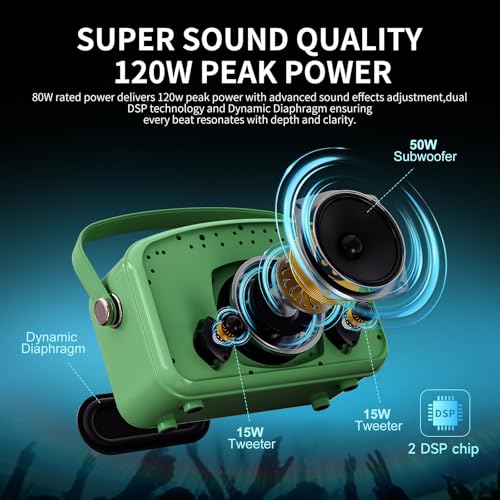 Karaoke Machine, 120W Peak Bluetooth Karaoke Speaker with 2UHF Microphones, Small PA System for Adults Kids with Bass/Trable/Echo Adjustment, Supports TF/USB/AUX/Live/Instruments for Home Party Events - color: Green