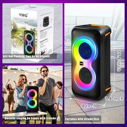YMG Karaoke Machine for Adults Portable Blue Tooth Party Speaker with 2 Wireless Microphones, 300W Peak PA System Deep Bass Fast Charging with LED Disco Lights for Outdoor Home Party Gift
