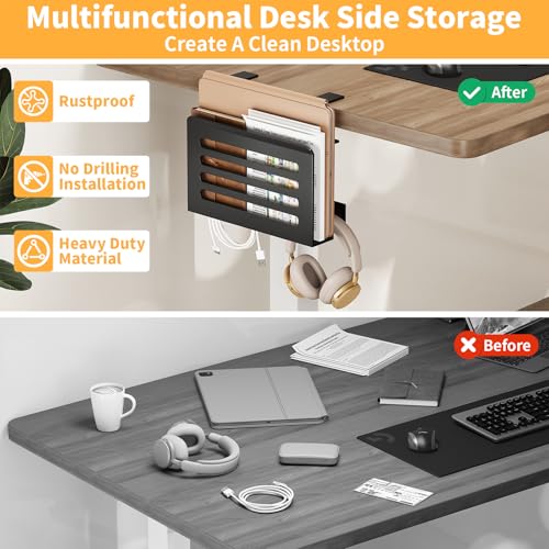 Space Saving Desk Side Storage No Drilling Under Desk Laptop Holder with Headphone Holder Cable Management Tray Carbon Steel Clamp Desk Storage Shelf Anti-Slip Magazine Holder for Home Office