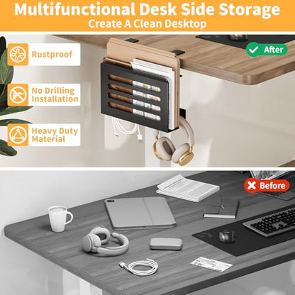 Space Saving Desk Side Storage No Drilling Under Desk Laptop Holder with Headphone Holder Cable Management Tray Carbon Steel Clamp Desk Storage Shelf Anti-Slip Magazine Holder for Home Office