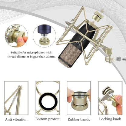 GEEKRIA for Creators Microphone Shock Mount Compatible with AKG P120, P220, Perception 220 P420, P820, P8207, Mic Anti-Vibration Suspension Adapter Clamp Mic Holder Clip (Champagne/Metal)