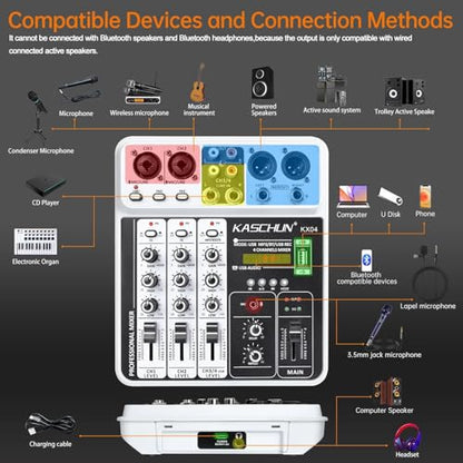 4-Channel DJ Audio Mixer, Bluetooth Sound Board with USB MP3 Input | Compact Mixer Board with 48V Phantom Power, Monitoring, Effects, for Karaoke, Podcast, Live Stream, Home Recording & DJ