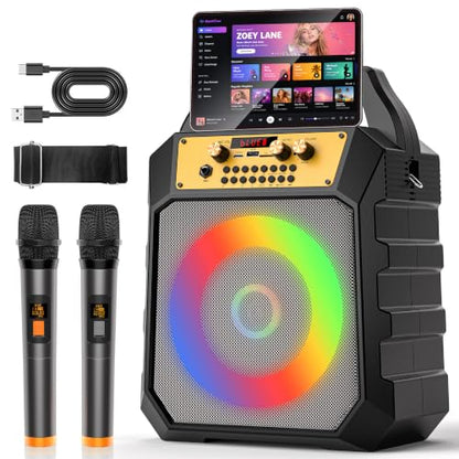 JM Portable Karaoke Machine 2-Way Coaxial Driver Speaker with 2 Mics-Grey | Portable,Rechargeable,Bluetooth,TF/SD/USB,AUX,FM,4000mAh,5 Light Modes - color: Grey