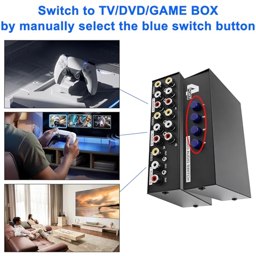 MEIRIYFA 4 Way AV RCA Switcher Splitter 4 in 1 Out 4 Port AV RCA Switch | 4-in-1 Composite Video L/R Audio Switcher Selector Box for DVD Player, Game Consoles TV Monitor Projector