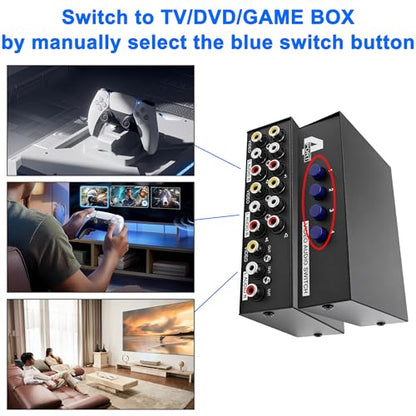 MEIRIYFA 4 Way AV RCA Switcher Splitter 4 in 1 Out 4 Port AV RCA Switch | 4-in-1 Composite Video L/R Audio Switcher Selector Box for DVD Player, Game Consoles TV Monitor Projector