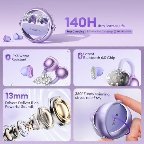 PAXA 3 in 1 Ctbuds Stylish Jewelry-Style Clip on Open Ear Headphones Wireless Earbuds, Instant Earring Mode, Ultra-Long 140H Play, Bluetooth 6.0, All-Day Wear for Work Fitness Daily Use, Purple - color: F-Purple-Butterfly Earring