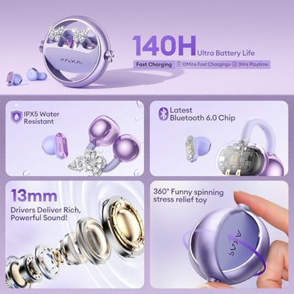 PAXA 3 in 1 Ctbuds Stylish Jewelry-Style Clip on Open Ear Headphones Wireless Earbuds, Instant Earring Mode, Ultra-Long 140H Play, Bluetooth 6.0, All-Day Wear for Work Fitness Daily Use, Purple - color: F-Purple-Butterfly Earring
