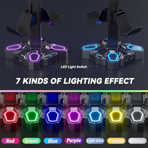 KDD Gaming Headphones Stand, Rotatable Headset Stand with Light Modes - Controller Holder with 2 USB Charging Ports and 3.5mm - Earphone Hanger Accessories for Desktop Gamer(Black) - color: Black