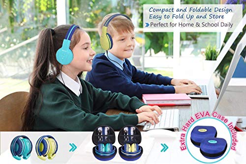 SIMOLIO 2Pack Wireless Kids Headphones with Share Port, Bluetooth 6.0 w/Mic | 75/85/94dB Volume Limit, Durable & Foldable Stero Headsets w/Travel Case for School iPad Tablet Toddler Teens, USB C Charging - color: Mint & Yellow