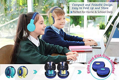 SIMOLIO 2Pack Wireless Kids Headphones with Share Port, Bluetooth 6.0 w/Mic | 75/85/94dB Volume Limit, Durable & Foldable Stero Headsets w/Travel Case for School iPad Tablet Toddler Teens, USB C Charging - color: Mint & Yellow