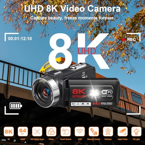 8K 64MP Video Camera Camcorder 18X Zoom WiFi IR Night Vision Camcorders | 3.0'' Touch Screen Webcam Vlogging Camera for YouTube with 64GB SD Card, 2 Batteries, Remote Control, Mic and Stabilizer