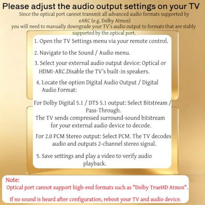192kHz HDMI eARC to Optical Audio Adapter - 6.6FT,Not Support CEC - size: 6.6FT