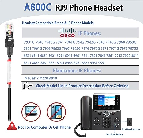 Arama RJ9 Telephone Headset for Cisco IP Phones, Mic Mute&Volume Control | Wired Phone Headset, Lightweight, Coilded Wire for Long Range, Clear Calls, Compatible with Cisco IP-7940G 8841 7841 9971