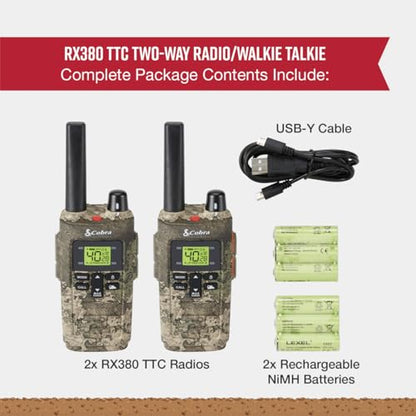 Cobra RX380 Walkie Talkies (2-Pack), 40 Pre-Programmed Channels | Weather Resistant Two Way Radios Long Range, Weather Alerts, LED Flashlight - style: RX380 True Timber Camo