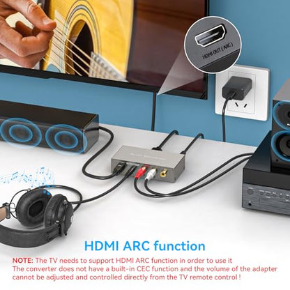HDMI ARC to RCA Audio Converter 3 in 1 Digital to Analog Audio Converter with Optical Coaxial ARC Input Toslink Coaxial RCA AUX Output Support Dolby DTS LPCM for TV Soundbar Home Theater
