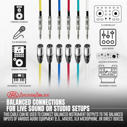 AxcessAbles XLR 수 - 0.6cm(1/4인치) TRS 스피커 1.8m(6피트) 컬러 케이블 팩 | 1.8m(6피트) 패치 케이블 오디오 코드 | 밸런스 스피커, 마이크 스네이크 코드 (1.8m(6피트) - 6팩) - size: 6ft, style: XLR 수 - 1/4 TRS