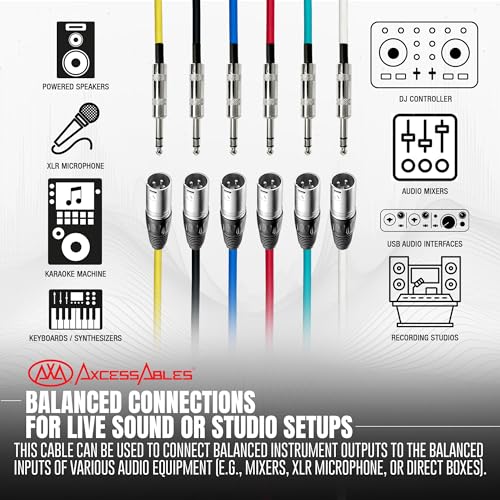 AxcessAbles XLR 수 - 0.6cm(1/4인치) TRS 스피커 4.6m(15피트) 컬러 케이블 팩 | 4.6m(15피트) 패치 케이블 오디오 코드 | 밸런스 스피커, 마이크 스네이크 코드 (4.6m(15피트) - 6팩) - size: 15ft, style: XLR 수 - 1/4 TRS
