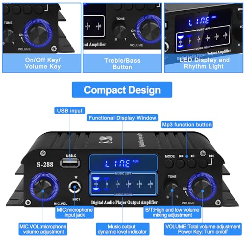 Stereo Audio Amplifier for Home Speakers S-288 Bluetooth 5.0 HiFi Mini Amp | Audio Component Amplifiers Receiver 4.0CH RMS 40Wx4 Max. 600W Integrated Power Amp W/USB,FM,Adapter - color: S-288(4.0CH 40W*4 RMS)