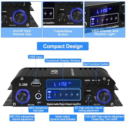 Stereo Audio Amplifier for Home Speakers S-288 Bluetooth 5.0 HiFi Mini Amp | Audio Component Amplifiers Receiver 4.0CH RMS 40Wx4 Max. 600W Integrated Power Amp W/USB,FM,Adapter - color: S-288(4.0CH 40W*4 RMS)