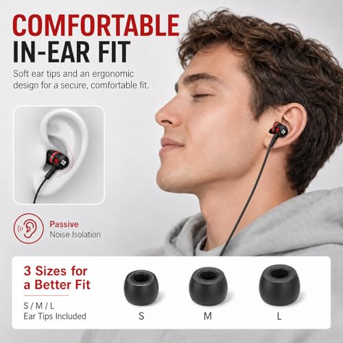 Rosmas Wired Earbuds in-Ear Headphones with Microphone, 3.5mm Jack Corded Earphones Stereo Bass Earbuds, S/M/L Soft Silicone Tips Compatible with iPhone Android Laptop iPad MP3(Black) - size: Black – Standard