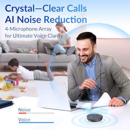 FreeChat Speakerphone, Conference Speaker with 4 Mics, 360° Enhanced Voice Pickup | AI Noise Reduction, AI Echo Cancellation, Auto Volume Balance, Plug & Daisy Chain, Full-Duplex Calling - color: Supports 2-Unit Daisy-Chaining