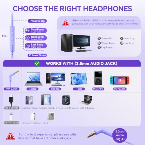 KVIDIO Wired Headphones with Mic, 3.5mm Plug Headphones for School Purple - color: Purple White
