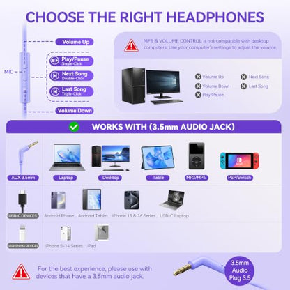 KVIDIO Wired Headphones with Mic, 3.5mm Plug Headphones for School Purple - color: Purple White