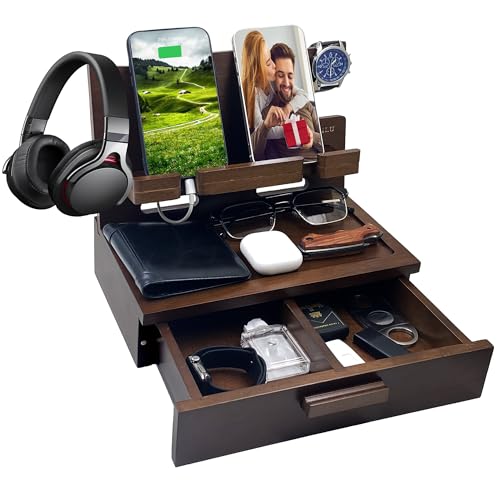 VEIYAILU Gifts for Men Women Him Husband Son Boyfriend Birthday Nightstand Organizer Wood Phone Docking Station Birthday Gifts (Deep Walnut) - color: Deep Walnut
