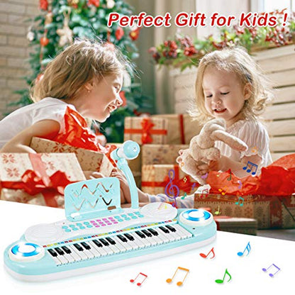 Costzon 37 Keys Electronic Keyboard Piano for Kids, Portable Musical Keyboard with Rhythm Light, Microphone, Recording, Music Stand, 8 Tone Keys, 4 Percussion Instruments (Blue) - style: Blue