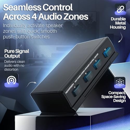 TNP Speaker Selector Switch Box - 4 Zone Channel High Power Stereo Amp Speaker Splitter with A/B/C/D Control Switcher, Spring Clip Connectors, Plug and Play Design, Up to 100W Per Channel