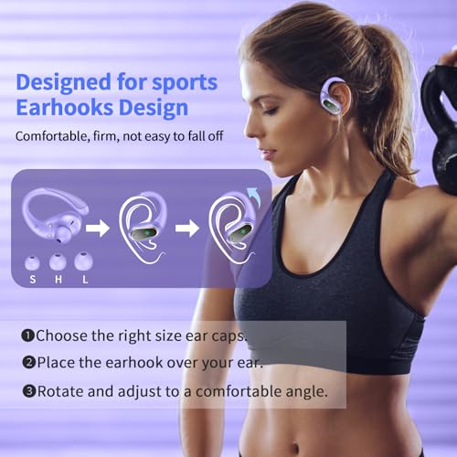 Wireless Earbuds, 2026 Bluetooth 5.4 Headphones Sport, 50Hrs HiFi Stereo Deep Bass Over-Ear buds with ENC Noise Cancelling Mic, IP7 Waterproof & LED Display Earphones with Earhooks for Workout/Running - color: comb blue purple