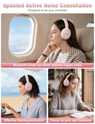 RUNOLIM Hybrid Active Noise Cancelling Headphones, Wireless Over Ear Bluetooth Headphones with Microphone, 100H Playtime, Foldable Headphone with HiFi Audio, Deep Bass for Home Travel Office（Pink） - color: Pink
