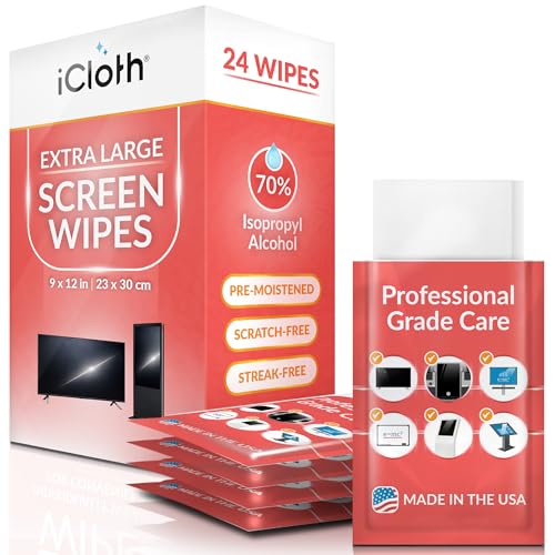 iCloth XL Wipe - 9x12 Inch Electronics Cleaning Wipe, 70% Isopropyl Alcohol, Individually Sealed - Streak-Free, Lint-Free, Restores Optical Clarity - TV, Monitor, Laptop (24 Wipes) - size: 1 Count (Pack of 24)