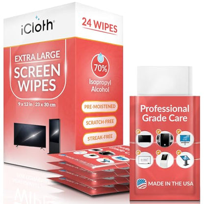 iCloth XL Wipe - 9x12 Inch Electronics Cleaning Wipe, 70% Isopropyl Alcohol, Individually Sealed - Streak-Free, Lint-Free, Restores Optical Clarity - TV, Monitor, Laptop (24 Wipes) - size: 1 Count (Pack of 24)