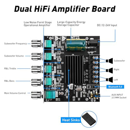 Daakro ZK-MT21 Bluetooth Amplifier Board,50W+50W+100W 2.1 Channel Subwoofer Amp Board with Treble/Bass/Sub Control,DC 9-24V, Bluetooth and AUX Inputs, DIY Wireless Speakers AMP Board, Password Free - color: ZK-MT21