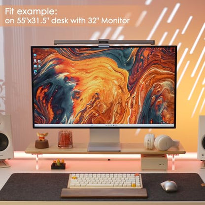 Bamboo Monitor Stand, Desk Shelf with Acrylic Legs and RGB Lights | 31.5-Inch Wide, 3.3-Inch Clearance, Fits Monitor, Laptop, Printer and Speakers for Small Desks - color: Natural x RGB Light