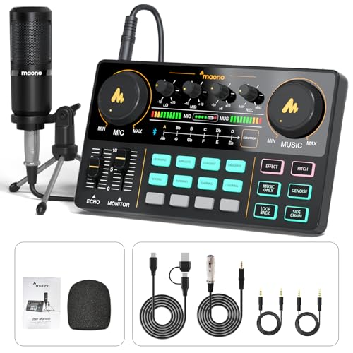 MAONO Podcast Equipment Bundle with Audio Mixer & 3.5mm Mic for Streaming | All-in-one audio production, PC and smartphone-compatible, 4 custom soundpads, for creators, home podcast setup AU-AM200-S1 - color: AU-AM200-S1 Black