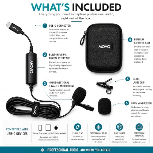 Movo LV1-UC USB-C Lavalier Microphone for iPhone 15, 16 & 17 – Clip-On | No Dongle Needed On USB-C iPhone. 16/24-Bit Digital Sound, Omnidirectional Clip-On, 20-Ft Cable, Windscreen & Case Included.