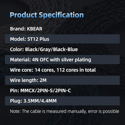 2 Meter Long 2Pin IEM Cable, in Ear Monitor Replacement Earbuds Earphone Cable, KBEAR ST12 Plus 8 Core 4N OFC Silver-plated HiFi Headphone Wire for KZ ZST/AS10/ZS10/ZST-X CCA C10/C12(Grey, 2PIN 3.5MM)