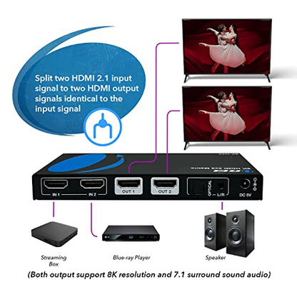 OREI 2x2 HDMI Matrix Switch – 8K HDMI 2.1, EDID, IR, VRR, FVA, ALLM, HDR10+ | 2x2 HDMI Matrix with Optical & 3.5mm Audio Out, 40Gbps, 8K60, 4K120, Dolby Vision, HDR10+, VRR, ALLM