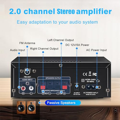 AK45 pro Stereo Amplifiers Home Audio, Stereo Receivers 400W Home 2 Channel Bluetooth 5.0 Power Amplifier System, FM Radio, USB, SD Card, with Remote Control for Home Theater Speakers Studio, Karaoke - color: Deep Black